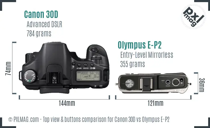 Canon 30D vs Olympus E-P2 top view buttons comparison