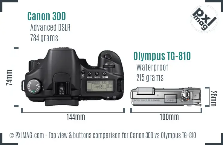 Canon 30D vs Olympus TG-810 top view buttons comparison