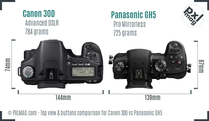 Canon 30D vs Panasonic GH5 top view buttons comparison Canon 30D vs Panasonic GH5 top view buttons comparison
