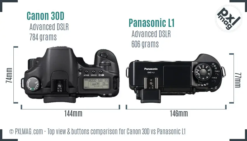 Canon 30D vs Panasonic L1 top view buttons comparison