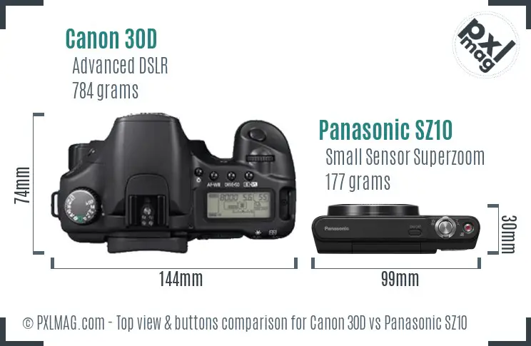 Canon 30D vs Panasonic SZ10 top view buttons comparison