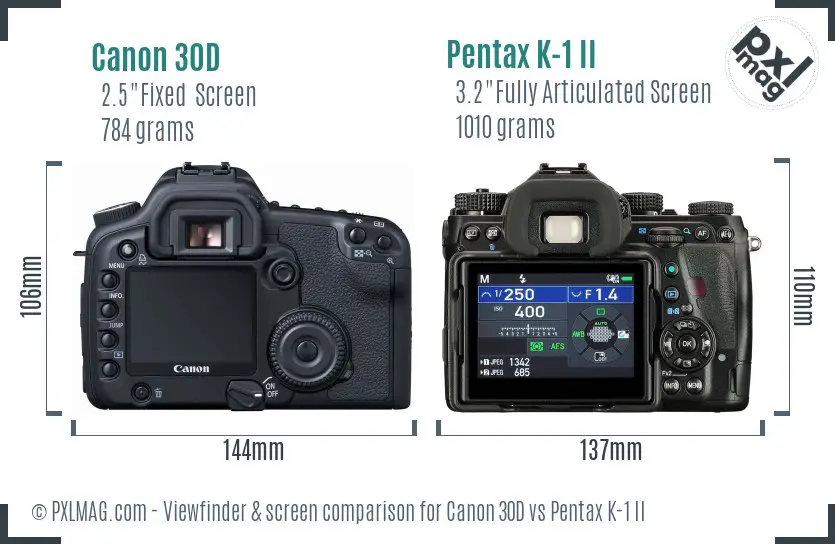 Canon 30D vs Pentax K-1 II Screen and Viewfinder comparison