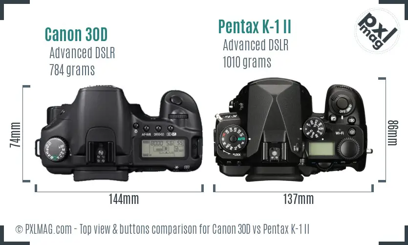 Canon 30D vs Pentax K-1 II top view buttons comparison