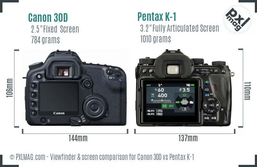Canon 30D vs Pentax K-1 Screen and Viewfinder comparison