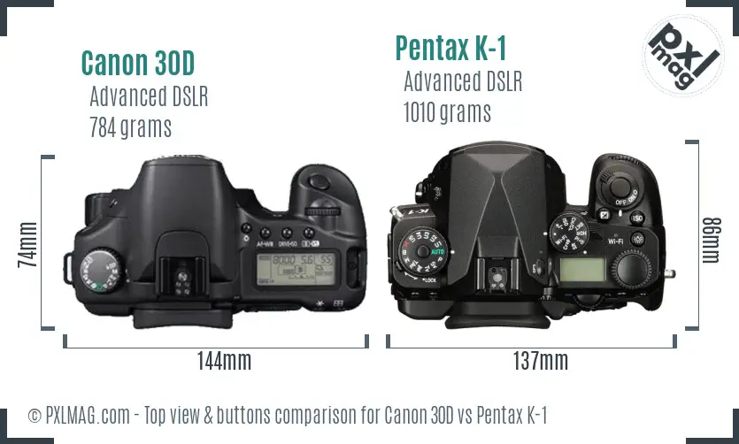 Canon 30D vs Pentax K-1 top view buttons comparison