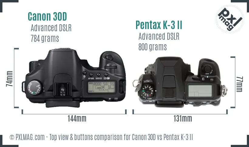 Canon 30D vs Pentax K-3 II top view buttons comparison