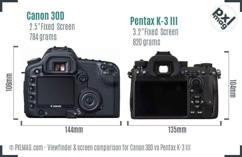Canon 30D vs Pentax K-3 III Screen and Viewfinder comparison