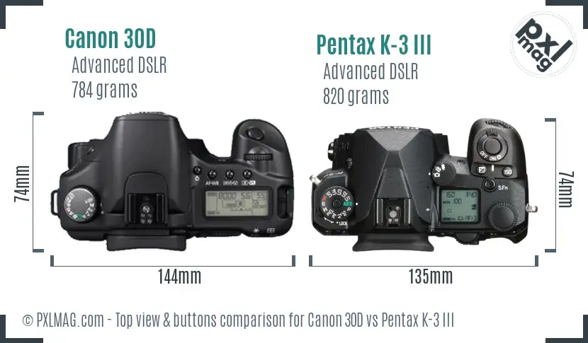 Canon 30D vs Pentax K-3 III top view buttons comparison