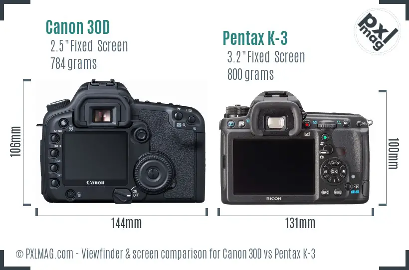 Canon 30D vs Pentax K-3 Screen and Viewfinder comparison