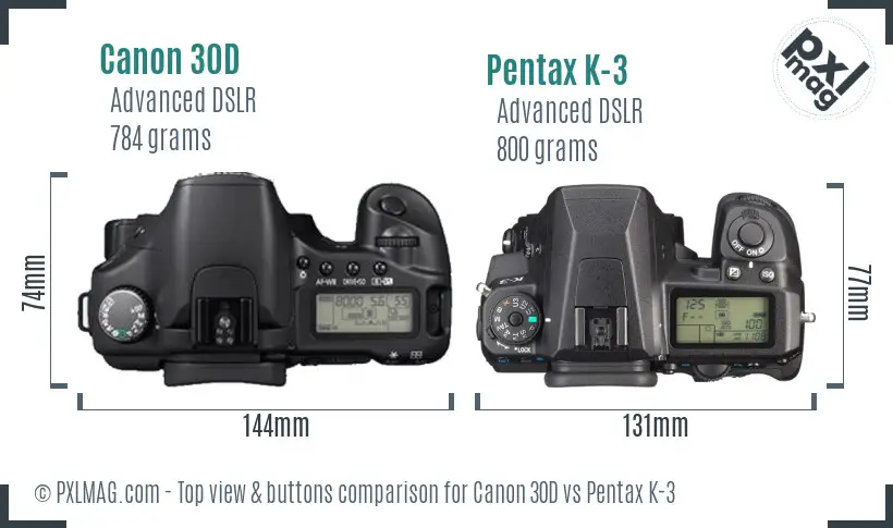 Canon 30D vs Pentax K-3 top view buttons comparison