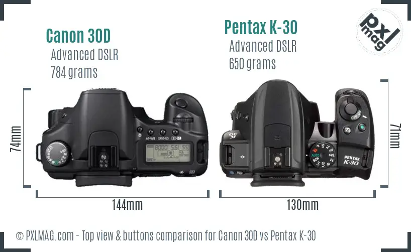 Canon 30D vs Pentax K-30 top view buttons comparison