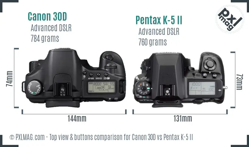 Canon 30D vs Pentax K-5 II top view buttons comparison