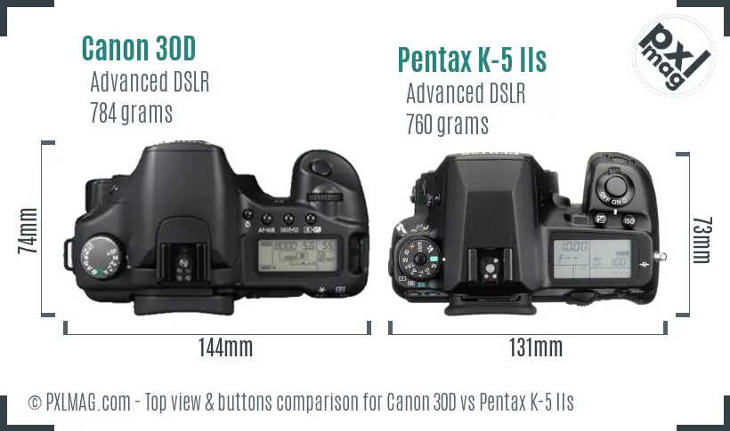 Canon 30D vs Pentax K-5 IIs top view buttons comparison