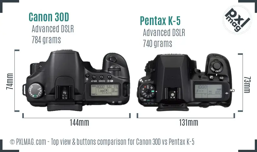 Canon 30D vs Pentax K-5 top view buttons comparison