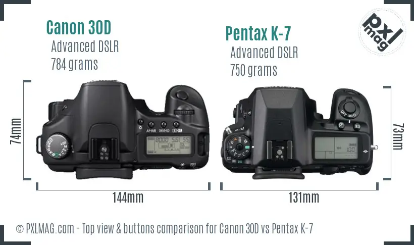 Canon 30D vs Pentax K-7 top view buttons comparison