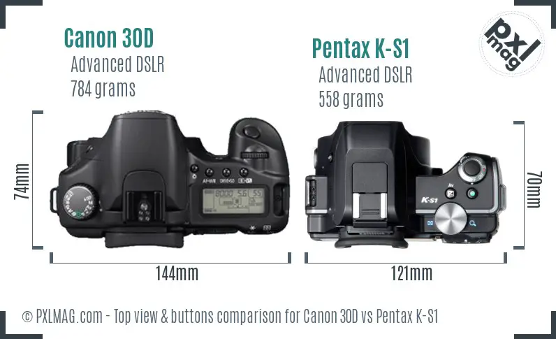 Canon 30D vs Pentax K-S1 top view buttons comparison