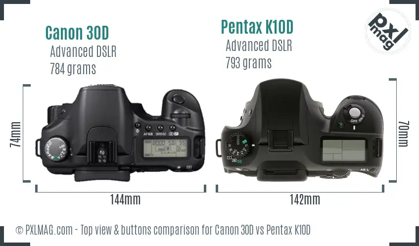 Canon 30D vs Pentax K10D top view buttons comparison