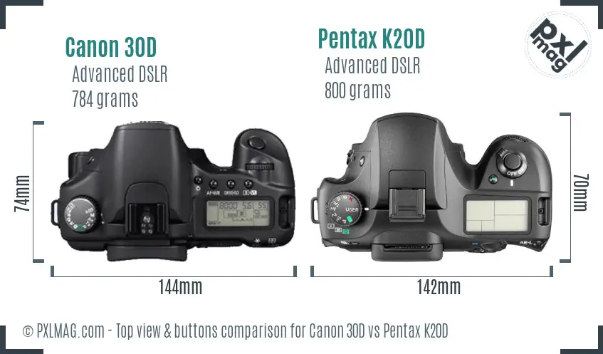 Canon 30D vs Pentax K20D top view buttons comparison