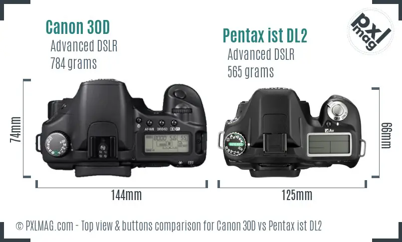 Canon 30D vs Pentax ist DL2 top view buttons comparison
