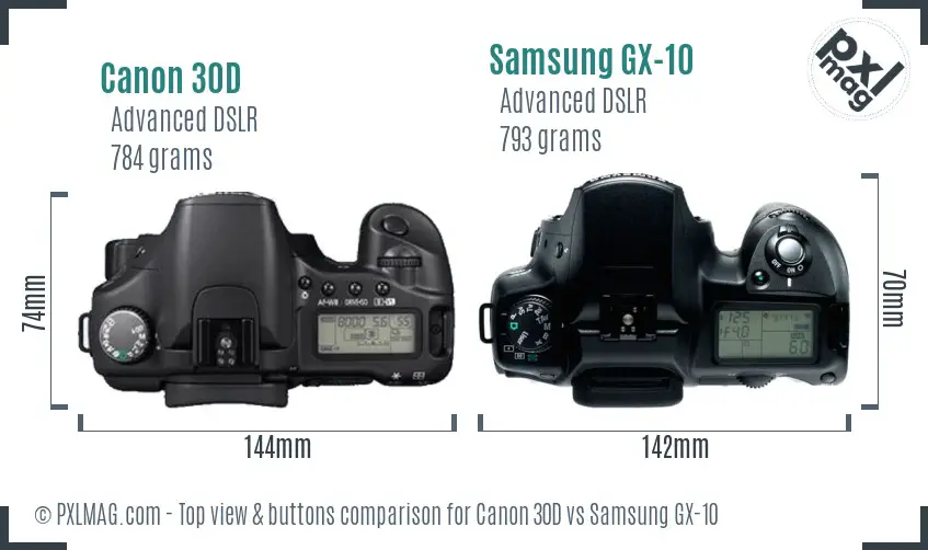 Canon 30D vs Samsung GX-10 top view buttons comparison