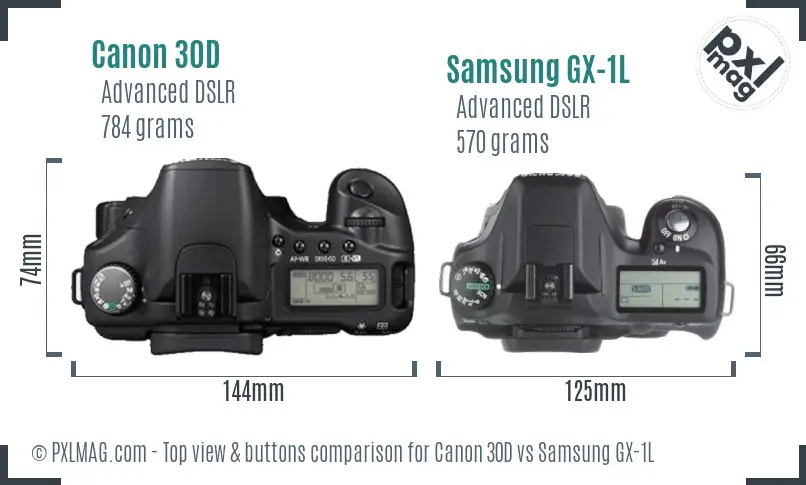 Canon 30D vs Samsung GX-1L top view buttons comparison