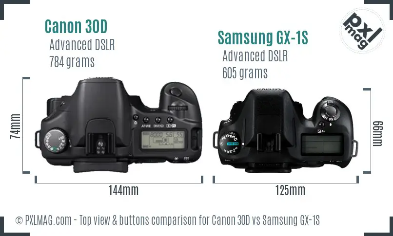 Canon 30D vs Samsung GX-1S top view buttons comparison
