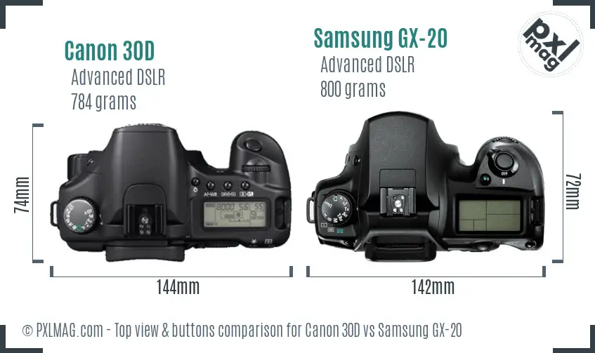 Canon 30D vs Samsung GX-20 top view buttons comparison