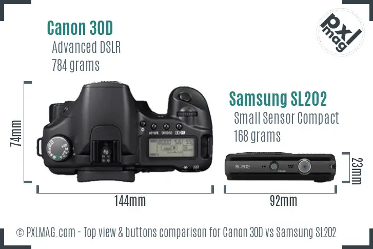 Canon 30D vs Samsung SL202 top view buttons comparison