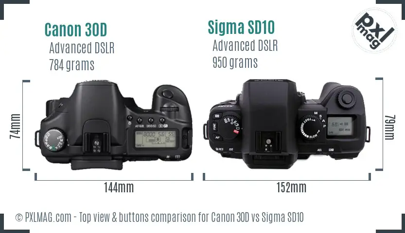 Canon 30D vs Sigma SD10 top view buttons comparison