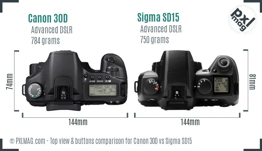 Canon 30D vs Sigma SD15 top view buttons comparison