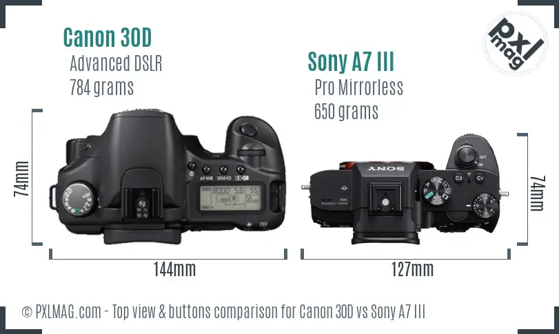 Canon 30D vs Sony A7 III top view buttons comparison