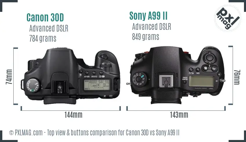 Canon 30D vs Sony A99 II top view buttons comparison