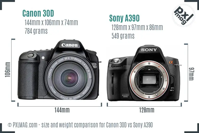 Canon 30D vs Sony A390 size comparison Canon 30D vs Sony A390 size comparison