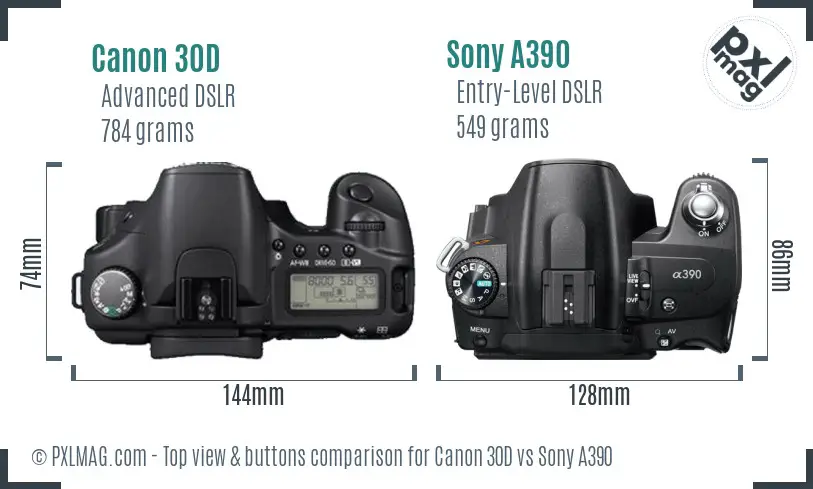 Canon 30D vs Sony A390 top view buttons comparison Canon 30D vs Sony A390 top view buttons comparison