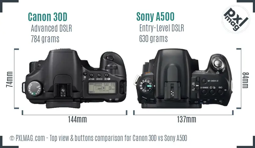 Canon 30D vs Sony A500 top view buttons comparison Canon 30D vs Sony A500 top view buttons comparison