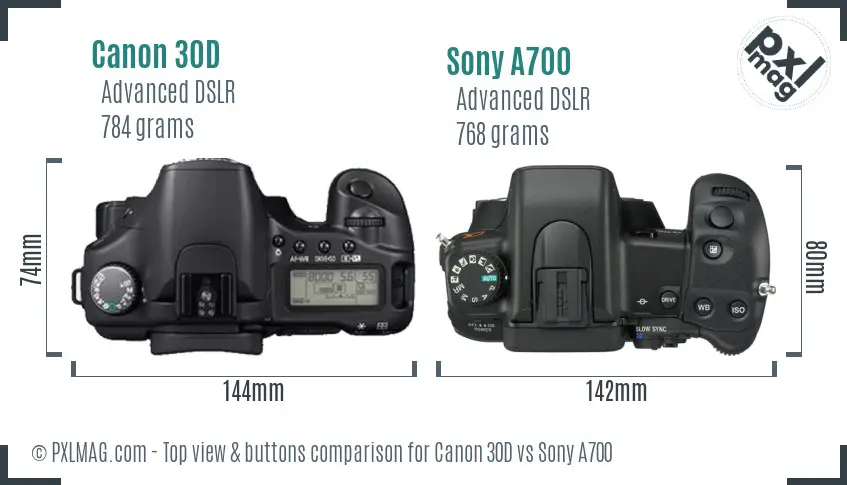 Canon 30D vs Sony A700 top view buttons comparison