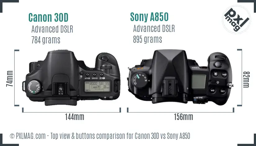Canon 30D vs Sony A850 top view buttons comparison