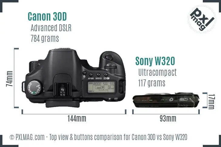 Canon 30D vs Sony W320 top view buttons comparison Canon 30D vs Sony W320 top view buttons comparison