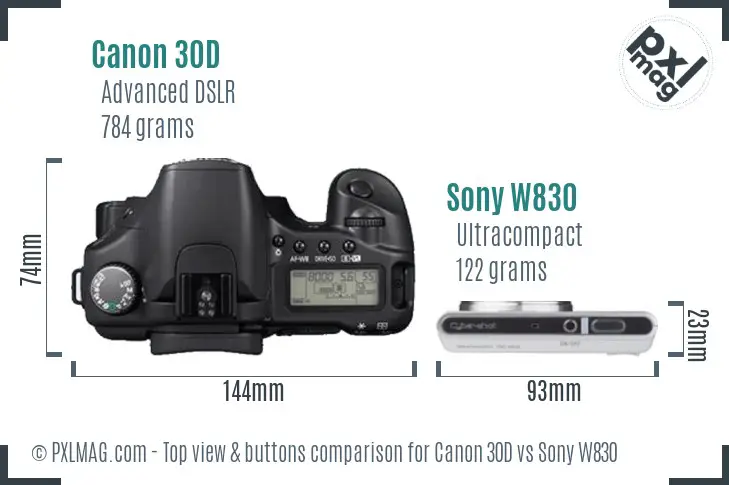 Canon 30D vs Sony W830 top view buttons comparison