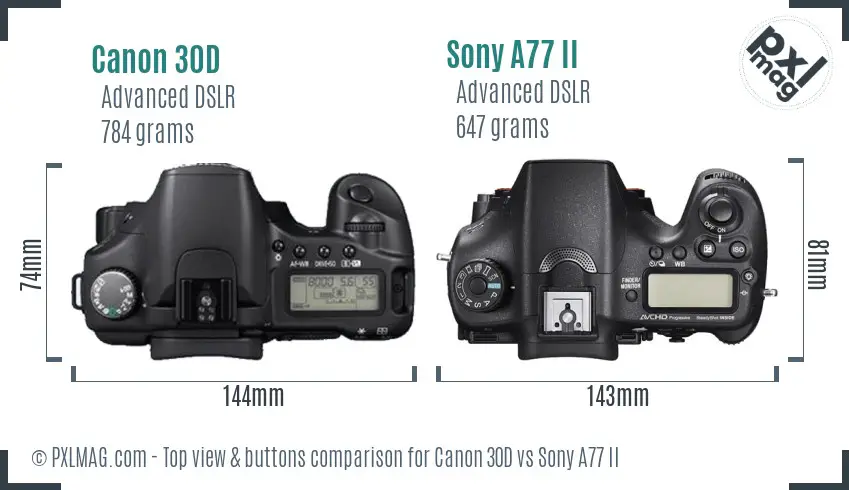 Canon 30D vs Sony A77 II top view buttons comparison