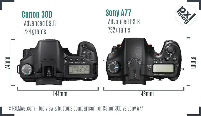Canon 30D vs Sony A77 top view buttons comparison