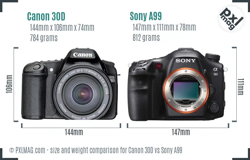 Canon 30D vs Sony A99 size comparison