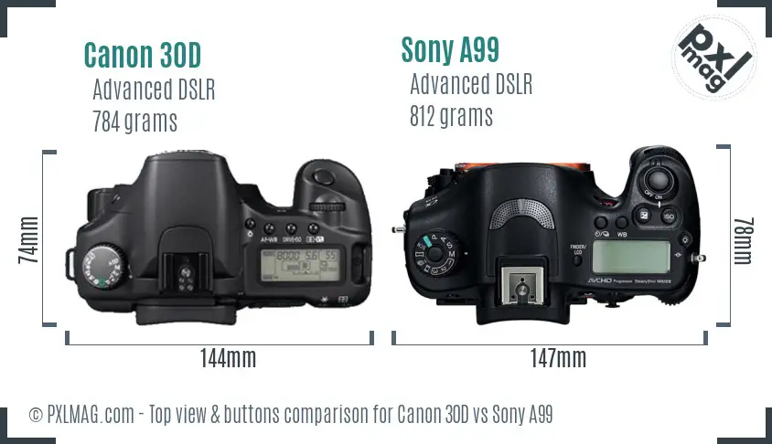 Canon 30D vs Sony A99 top view buttons comparison