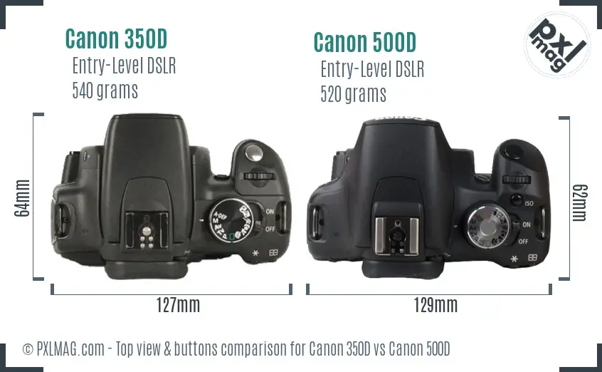 Canon 350D vs Canon 500D top view buttons comparison