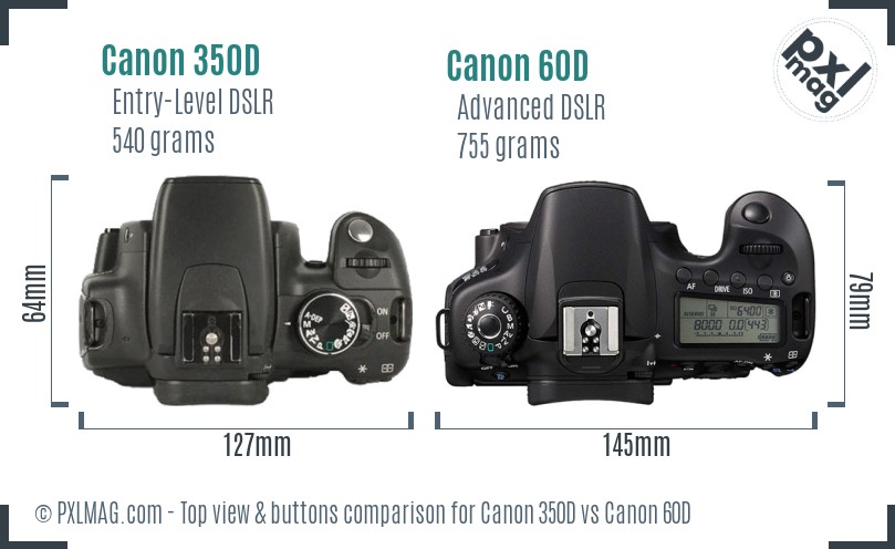 Canon 350D vs Canon 60D top view buttons comparison