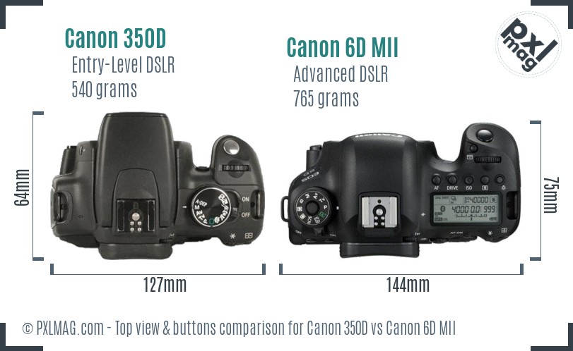 Canon 350D vs Canon 6D MII top view buttons comparison