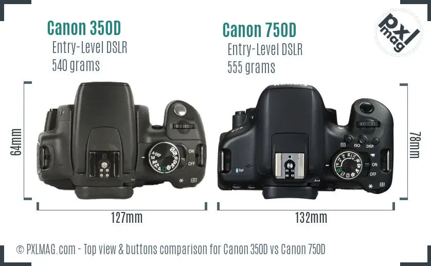 Canon 350D vs Canon 750D top view buttons comparison