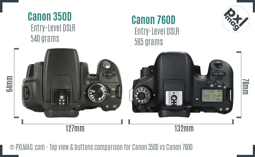 Canon 350D vs Canon 760D top view buttons comparison