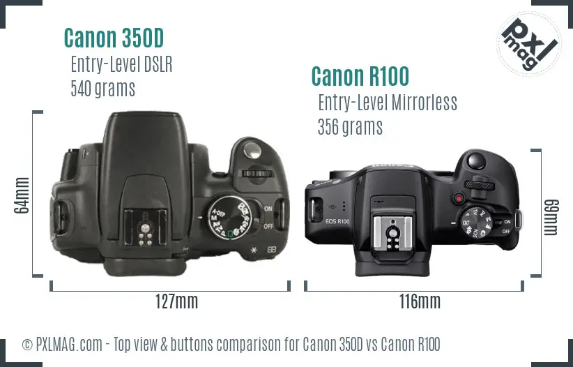 Canon 350D vs Canon R100 top view buttons comparison Canon 350D vs Canon R100 top view buttons comparison