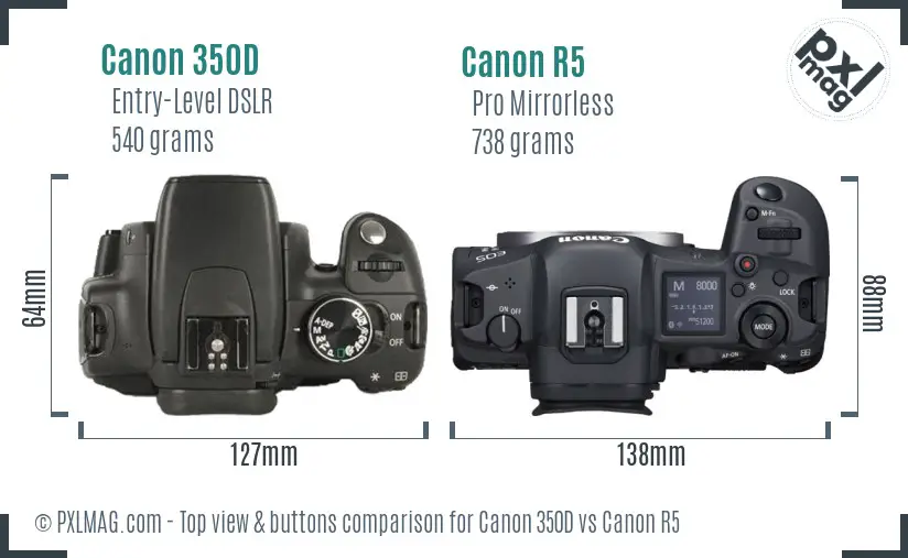 Canon 350D vs Canon R5 top view buttons comparison